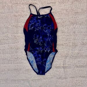 Nike One-Piece Swimsuit Red White Blue | Racerback Fits Like Small athletic fit